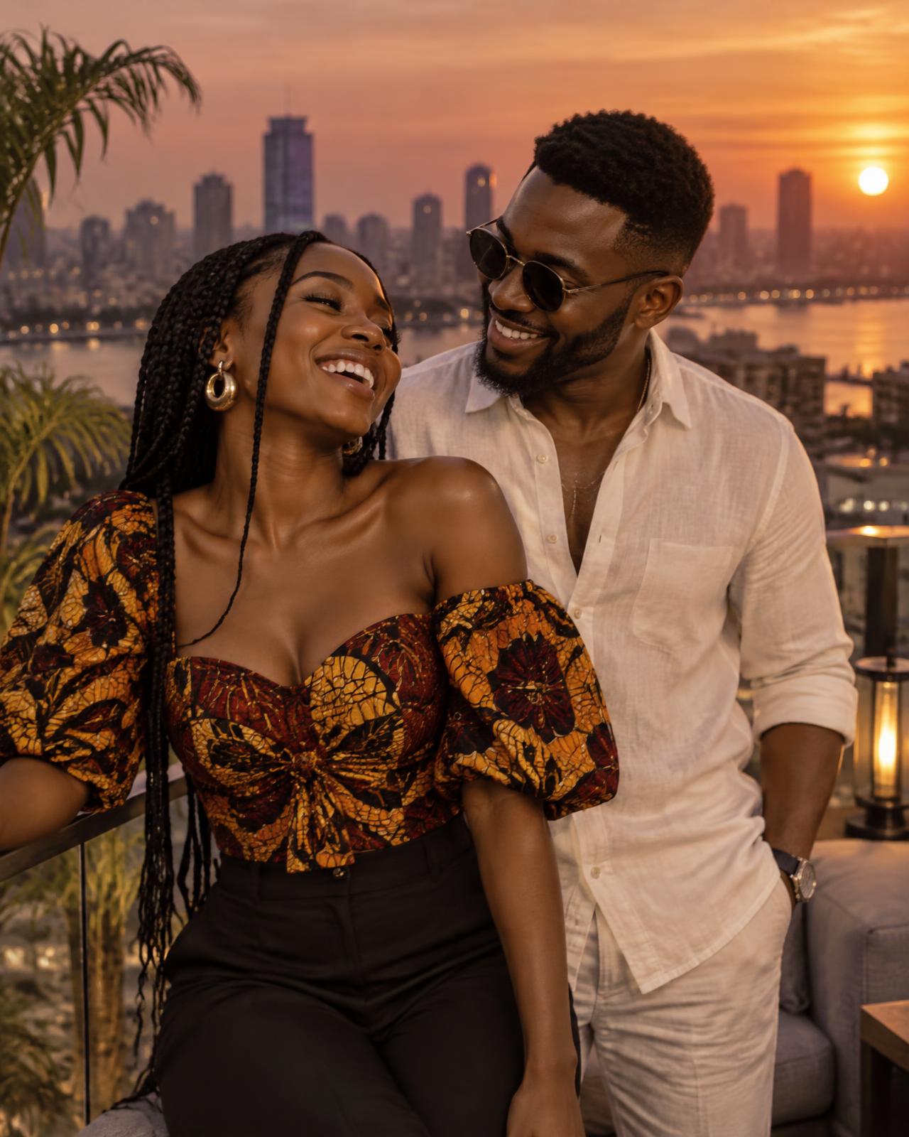 A smiling couple on a Lagos rooftop at sunset