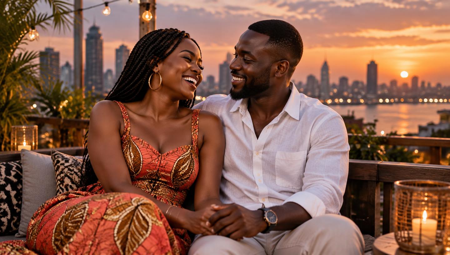 A happy couple laughing together on a Lagos rooftop at sunset